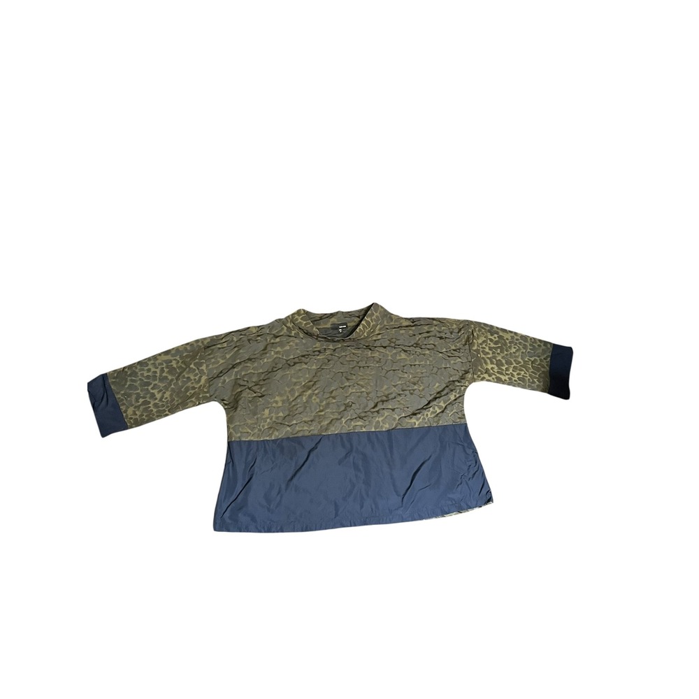 Sun Kim by Comfy USA Textured Animal Print Funnel Neck Top Navy Green 1X